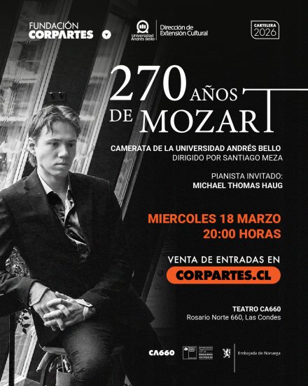 Gráfica promocional concierto 270 años de Mozart en el Teatro CA660 de Fundación CorpArtes.